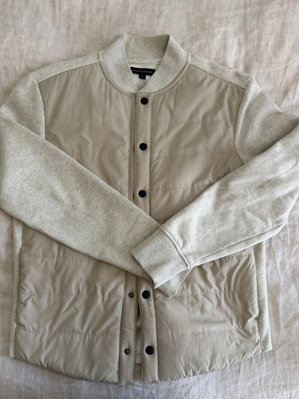Banana Republic Quilted Beige Bomber with Heather Cream Sleeves